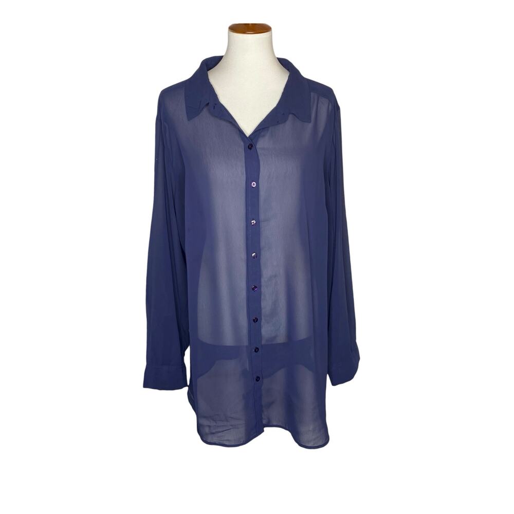 Roaman's Sheer Chiffon Button Up Blouse Blue Size 26W Lightweight Tunic Top
